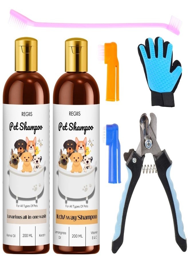 مجموعة ريجيس للعناية بالحيوانات الأليفة مع مجموعة شامبو للكلاب، 2 × 200 مل تركيبة شاملة ومزيلة للحكة، تتضمن قفازًا وفرشًا للعناية (عبوة من 5 قطع) - Image 1